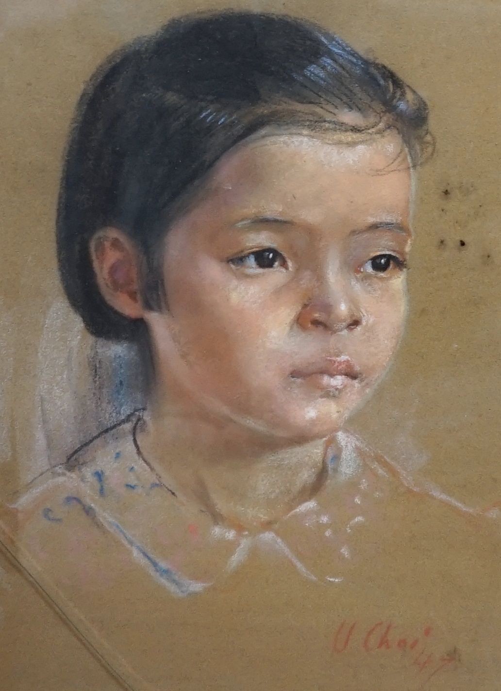 U. Choi, pastel, Portrait of a child, signed and dated '47, 36 x 26cm